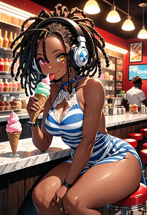 (BENGUS,Edayan):1.2, (hyper-defined art, anime coloring, best quality, hyper-hdr, 8k uhd,  hyper absurdres, (raw sensuality, black woman, black and red striped  thick scorpion tail, , sitting in a  ice cream parlor,  dreadlocks,  headphones,impossibly beau...