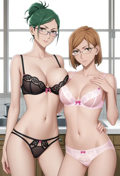 score_9_up, score_8_up, score_7_up, 2 girls, mature females, (((first girl is Nobara Kugisaki from Jujutsu Kaisen((brown bob hair, brown eyes, small erected breast, hot pink seductive lingerie))))). (((second girl is Maki Zenin from Jujutsu Kaisen((green p...