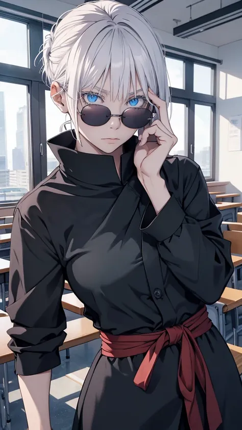 Woman, famale version, female, jujutsu kaisen, solo, alone, white hair, bangs, long hair, white eyebrows, white eyelashes, light blue eyes, wearing round sunglasses, wearing black shirt, black sleeves, black clothing, in classroom, school, high quality, 4k...