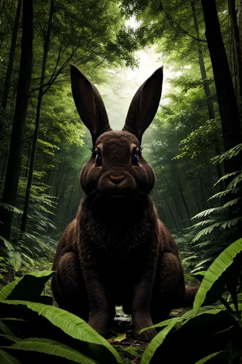 In a mysterious dark forest, a rabbit is eating leaves, and from the darkness, a large snake with big eyes is watching it.