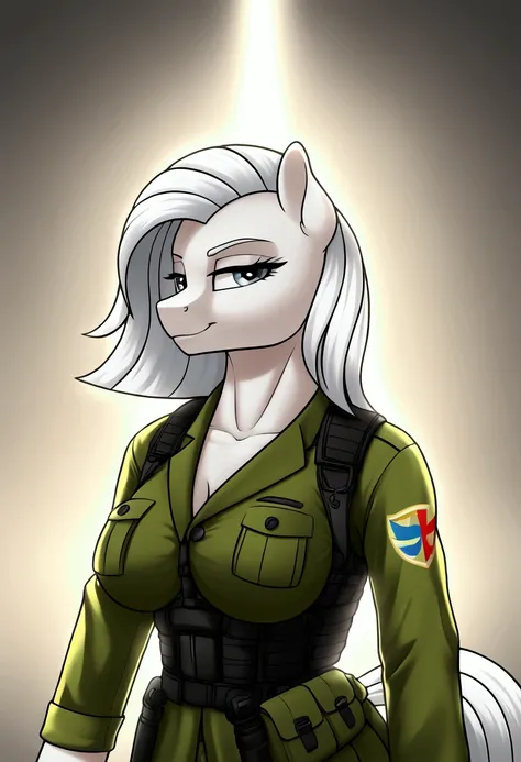 radiant lighting, vibrant colors, whimsical atmosphere, 8K, high resolution, highly detailed, masterpiece, ((my little pony)), (white hair), (pale body), (gray eyes) seductive face, tactical gear, standing, big breasts, beautiful body