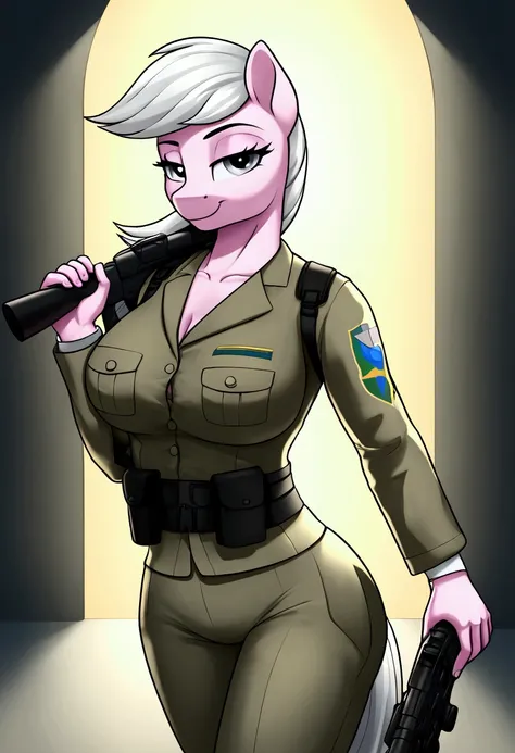 radiant lighting, vibrant colors, whimsical atmosphere, 8K, high resolution, highly detailed, masterpiece, ((my little pony)), (white hair), (pale body), (gray eyes) seductive face, tactical gear, standing, big breasts, beautiful body