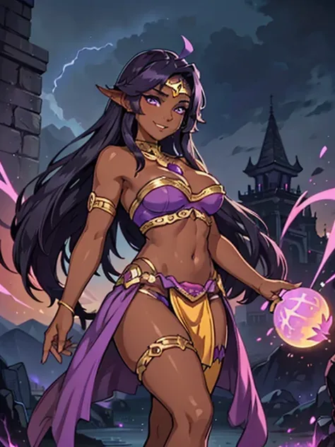 (best quality:1.3), (4K quality),masterpiece, best quality, high res, detailed, vibrant colors, (Detailed face:1.2), (Detailed eyes:1.2), (Perfect figure:1.2), Fantasy style, Fantasy environment solo, 1girl, 25 year old woman, sorceress, (Dark skin:1.5), p...