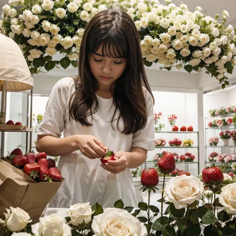 Girl in a flower gallery, collects strawberry bukei from white roses