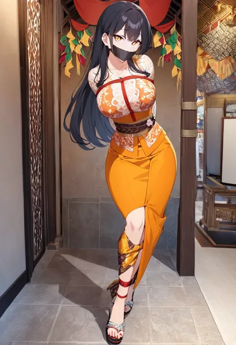 score_9, score_8_up, source_anime, 1girl, solo,The photo features a woman standing in traditional decorations. She is wearing traditional attire consisting of a light red kebaya with lace trim and a long orange skirt with batik or songket patterns. The wom...