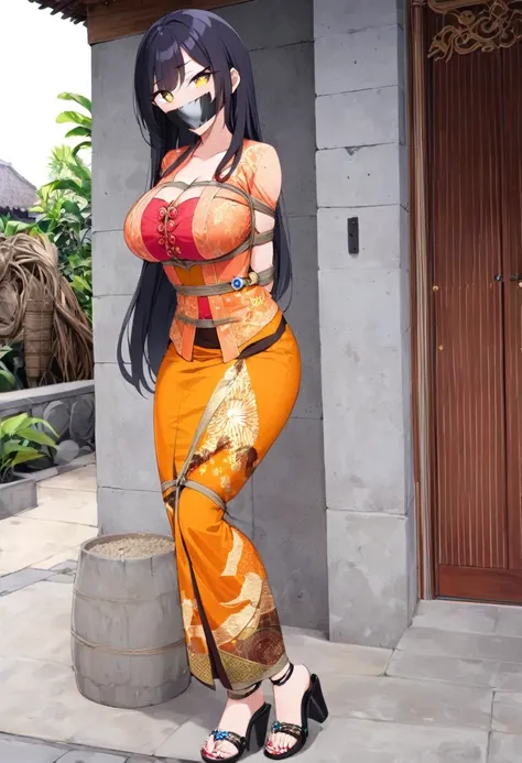 score_9, score_8_up, source_anime, 1girl, solo,The photo features a woman standing in traditional decorations. She is wearing traditional attire consisting of a light red kebaya with lace trim and a long orange skirt with batik or songket patterns. The wom...