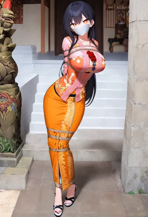 score_9, score_8_up, source_anime, 1girl, solo,The photo features a woman standing in traditional decorations. She is wearing traditional attire consisting of a light red kebaya with lace trim and a long orange skirt with batik or songket patterns. The wom...