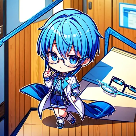 17 year old boy with blue hair, Cast and prepare, Wear it to the utmost., Wear it with white glasses legs., Stay in a room., Chibi