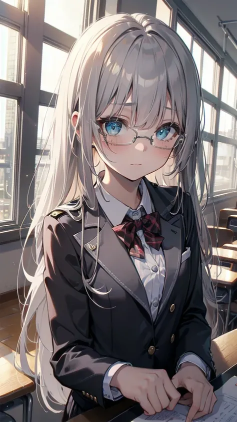 (masterpiece), (best quality), ((very detailed)), (very delicate), (A young girl), cyan eyes, sparkling eyes, droopy eyes, boston eyewear, worried,(Silver gray hair),Short messy hair, Barrette, Medium chest, Blazer uniform , platinum blonde, White skin, cl...