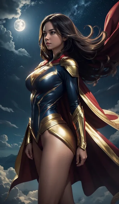 The female version of Shazam Mary Marvel, flying in the sky, perfect suit costume, golden cape, view angle, underneath view angle, perfect curves,  buttock , lightning in the moonlight background 