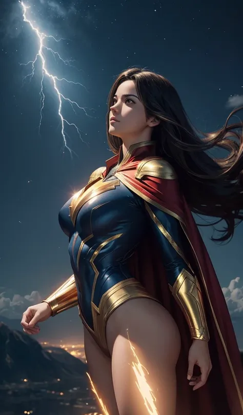 The female version of Shazam Mary Marvel, flying in the sky, perfect suit costume, golden cape, view angle, underneath view angle, perfect curves,  buttock , lightning in the moonlight background 