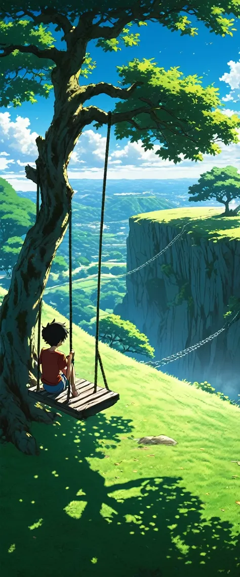 high quality, 8k ultra hd. anime landscape of a boy on a tree swing, shadows of the tree, on a hinkai cliff, beautiful anime sce...