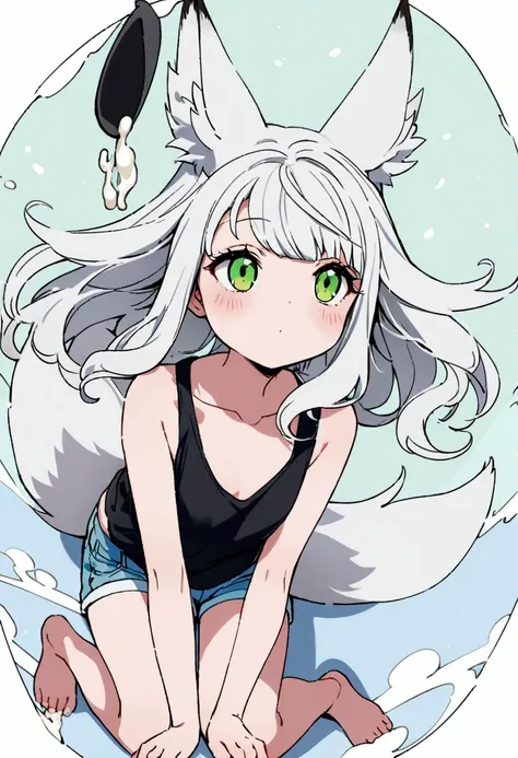 beautiful fox girl alvina blanca, beautiful green eyes, long white hair, light blue short jean shorts, black sleeveless sole, white ears , White glue, High quality image