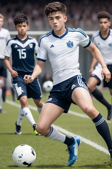 Teenage boy football player , with white shirt with blue stripes , black shorts and black socks , football boots , soccer ball 