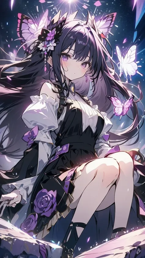 Anime-style female character with long dark and violet hair, wearing a black and purple dress with white puffy sleeves, adorned with purple roses. She has purple eyes, a serious expression, and butterfly-like hair accessories. Several purple butterflies ar...