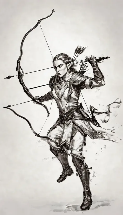 plano general, whole body, bloom, monochrome, ink sketch,((1 elf alone, bow and arrows, strong and robust, elf clothes, dynamic ...