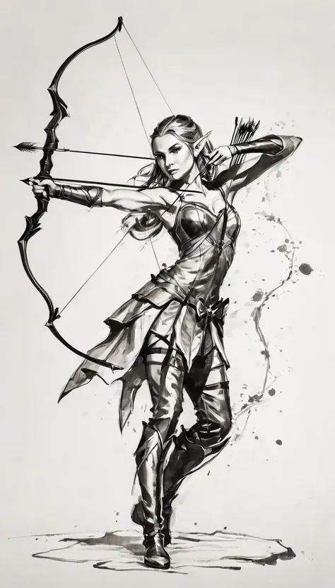 plano general, whole body, bloom, monochrome, ink sketch,((1 elf alone, bow and arrows, strong and robust, elf clothes, dynamic ...