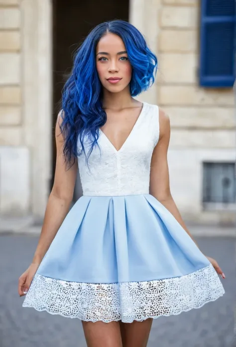 Beautiful biracial woman, blue hair, blue eyes, extremely detailed full body, french colours dress, france flag, 