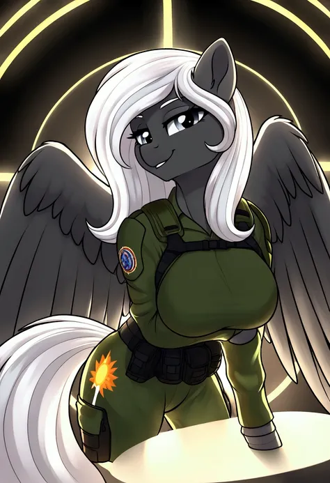 radiant lighting, vibrant colors, whimsical atmosphere, 8K, high resolution, highly detailed, masterpiece, ((my little pony)), (white hair with black half), (pale body), (gray eyes) seductive face, womans tactical gear, standing, big breasts, beautiful bod...