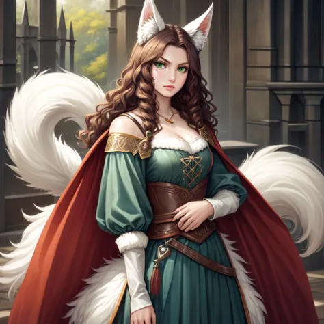 Woman with large brown hair, greenish eyes, white wolf ears and tail, medieval skirt, sword at the side of her waist