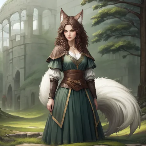 Woman with large brown hair, greenish eyes, white wolf ears and tail, medieval skirt, sword at the side of her waist