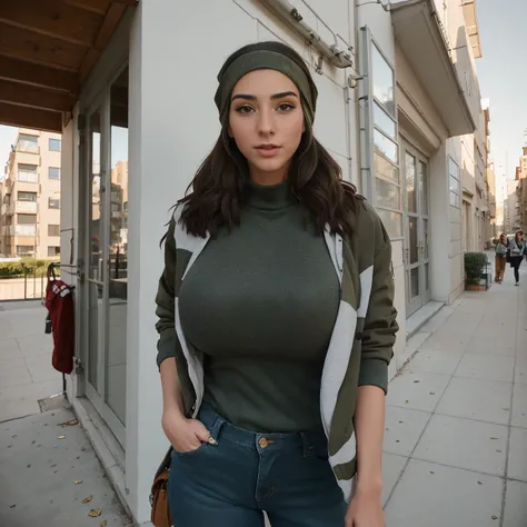 Extremely busty thin and toned brunette photographer, college girl, fair skin, loose side sweep, soft face, athletic, bandana babushka headwrap, tight olive green casual windbreaker, skinny jeans. standing in front of her apartment building, outdoors, city...