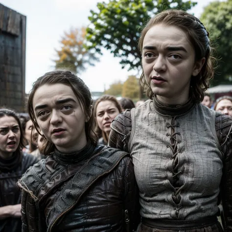 hyperrealistic close-up photo of crucified (((mature maisie williams))), (((arya stark))), create dystopian masterpieces, scene ...