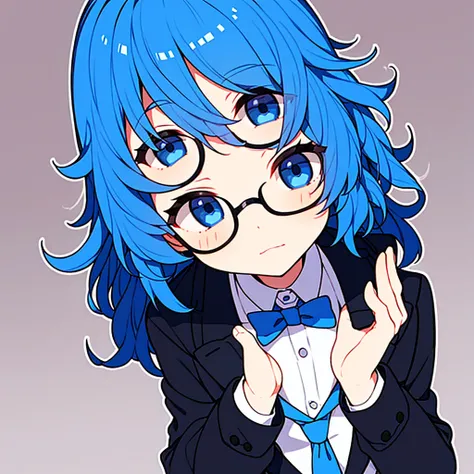 boy, Blue hairstyle, fluffy hair , cute, Put on a suit., Wear glasses