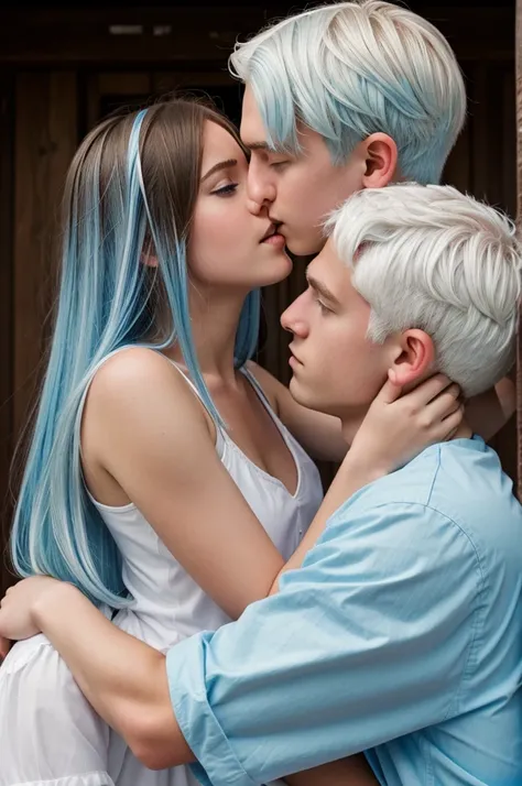 A girl with light blue eyes and white hair kissing a boy with brown hair and red eyes 