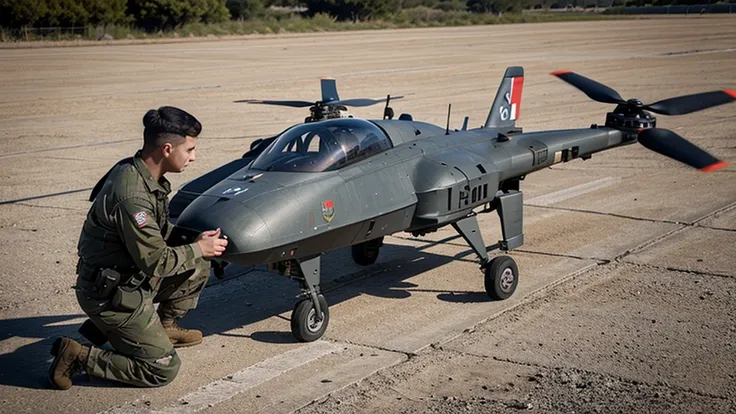 Military drone being controlled by a soldier. 