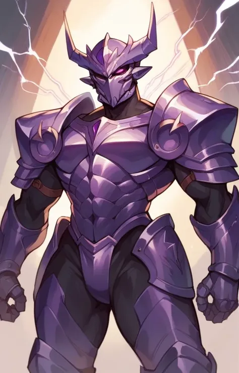 Woman in purple clothing and light metallic armor, Lightning surrounds his body as he runs at such speed that the surroundings are distorted..