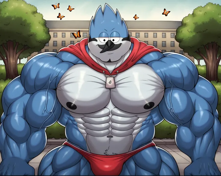 regularshow,   hi res,  score_9,score_8_up,score_7_up,      a blue jay listening to a music with a mp3 player,  while cleaning a park,  (sunny:1.3),  butterflies,  smiling, male focus, zPDXL,  zPDXLxxx,  flexing, muscular, lobo, the second, large pectorals...