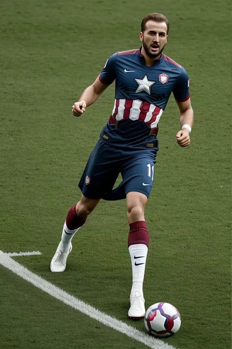 generates an image of lamine yamal (captain america dress),raising euro 2024, Ya lamine Yamal stepping on the grass of a stadium to harry kane (iron man dress)