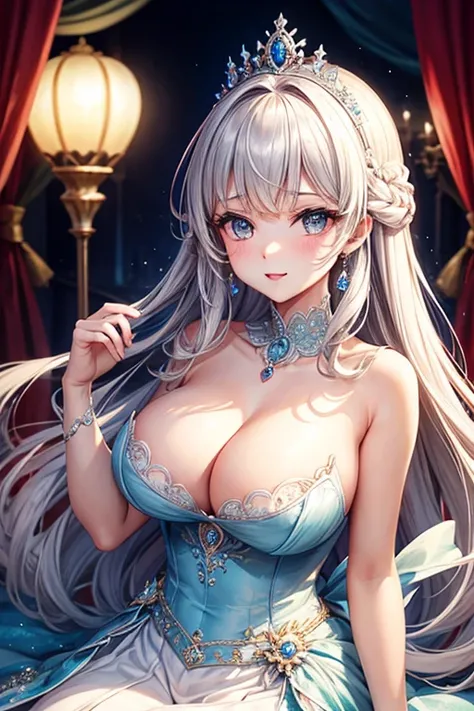 Princess, dress, ball dance, sexy, big breasts, exposed shoulders, seductive, royal, cleavage, slid dress, high quality, best quality 