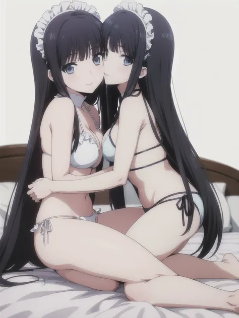 solo, 1girl, looking at viewer, 2D, anime, anime coloring, full body, (solid white background:1.3), miyuki shiba, maid bikini, porn, kiss, looking at viewer, smile,bed room,sleep position, kiss me