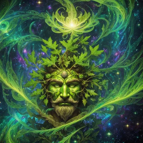 (High resolution, incredibly detailed, masterpiece), a precise symmetric center balanced (single face only) portrait of (one masculine Gaelic Greenman), green (oak leaves) floating, colorful (mystic swirling mists), featuring fractal geometry in (vibrant c...