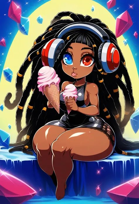 (BENGUS,Edayan):1.2, (hyper-defined art, anime coloring, best quality, hyper-hdr, 8k uhd,  hyper absurdres, (raw sensuality, black woman, black and red striped  thick scorpion tail, , sitting in a  ice cream parlor,  dreadlocks,  headphones,impossibly beau...