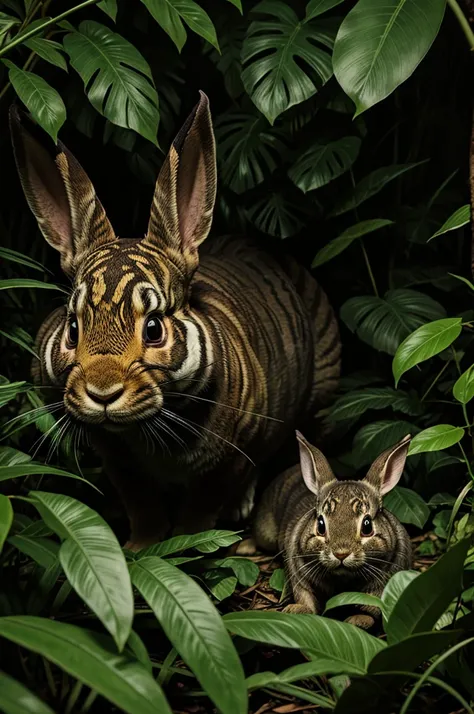 In a mysterious dark jungle, a rabbit munches on leaves, unaware of the large snake with big eyes watching it from the shadows, ready to strike.