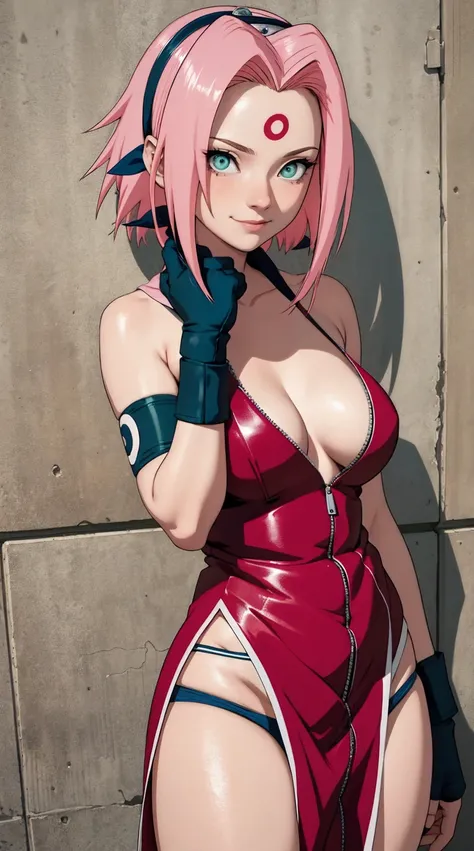 tmasterpiece， Best quality at best， 1girll， Sakura Haruno， Large breasts，upperbody closeup)，Raised sexy，is shy，ssmile，with pink hair， Green eyeballs:1.4)， Forehead protection， alley, prostitute, slutty, zipper panties, nipple pasties, nude