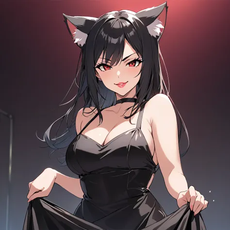 Black hair. red eyes. Juicy lips with a smirk. cat ears. sexy pose. black dress.