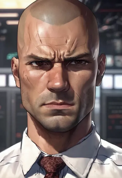 1 man, in front of a control panel, Wearing a white dress shirt with a tie, detailed facial features, detailed reddish brown male eyes, detailed tanned skin, hair with a shaved head, body, burly mens body, strong lighting, expression of anger on the face, ...