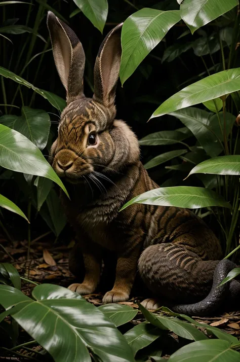 In a mysterious dark jungle, a rabbit munches on leaves, unaware of the large snake eyes watching it from the shadows, ready to strike.