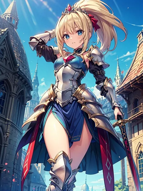 (masterpiece), best quality, Expressive eyes, Perfect face,1 Girl, Two-handed sword，Lift above your head, a female knight in metal armor, Red_Full set of clothing, White_armor,cropped shoulders armor, plate armor, armor dress,Gloves, Blonde hair,High Ponyt...