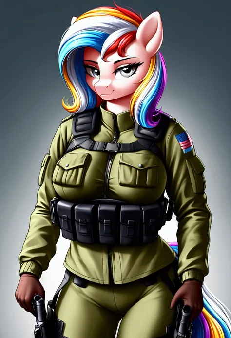 vibrant colors, 8K, high resolution, highly detailed, masterpiece, ((my little pony)), (striped white hair), (pale body), (gray eyes) seductive face, womans tactical gear, standing, big breasts, beautiful body