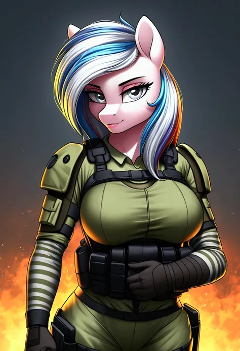 vibrant colors, 8K, high resolution, highly detailed, masterpiece, ((my little pony)), (striped white hair), (pale body), (gray eyes) seductive face, womans tactical gear, standing, big breasts, beautiful body