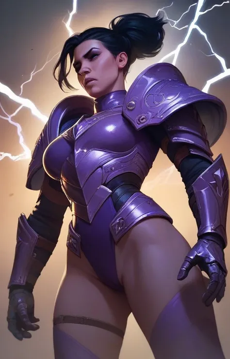 Woman with long black hair.
Purple clothing and light metal armor.
Lightning surrounds his body as he runs at such speed that the surroundings are distorted..