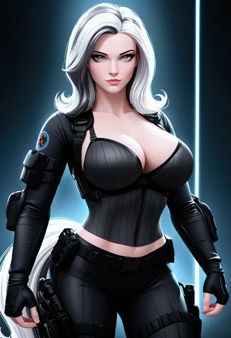 vibrant colors, 8K, high resolution, highly detailed, masterpiece, ((my little pony)), (striped white hair), (pale body), (gray eyes) seductive face, womans tactical gear, standing, big breasts, beautiful body