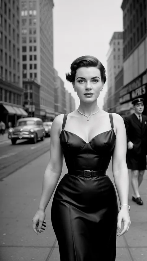 Realistic image of adult woman,  1950s,  walking down a New York street towards the viewer. Men pass by her and watch her. Fashion of the time, black andwhite, film noir, analog, hyperrealisti, Cinematic.