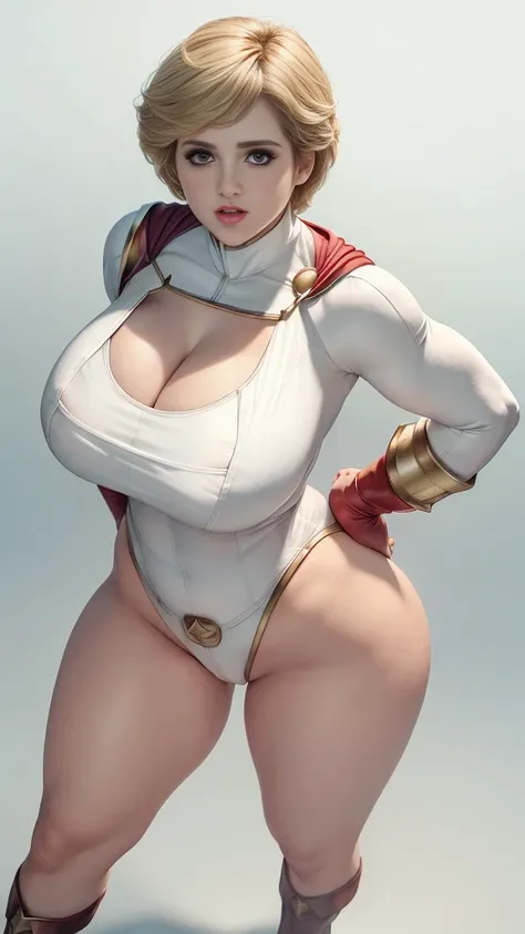 (((Power Girl))), de DC Comics,((Laura Marano)) with white leotard and red cape, sexy, 
big breastgs,big and shapely thighs,He wears his clothes tight, the background you can see a bulldog 
,8k, hyper realistic, everything looks like unreal engine renderin...