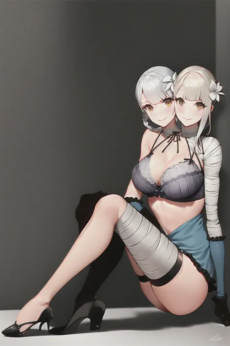 kaine (nier), 1girl, white hair, bandaged arm, bandaged leg, bandages, bangs, belt, black footwear, nipple cutout, black gloves, blonde hair, blunt bangs, bra, braid, brown eyes, collarbone, flower, frilled bra, frills, from side, full body, gloves, hair f...